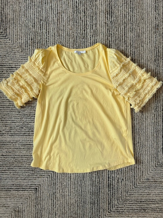 Chico's Tops - Chico’s Butter Yellow Scoop Neck Top with Ruffle Crochet tassle sleeve size L